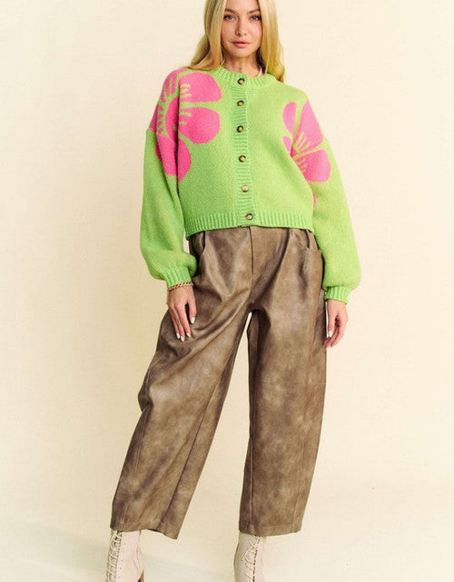 Load image into Gallery viewer, Davi &amp; Dani Flower Contrast Round Neck Long Sleeve Cardigan
