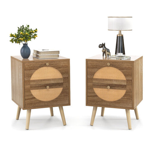 Load image into Gallery viewer, Set of 2 Rattan Nightstand with 2 Drawers and Solid Wood Legs-Natual
