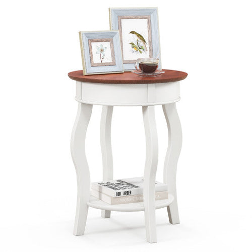 Load image into Gallery viewer, 2-Tier Round End Table with Storage Shelf and Solid Rubber Wood Legs-Walnut &amp; White
