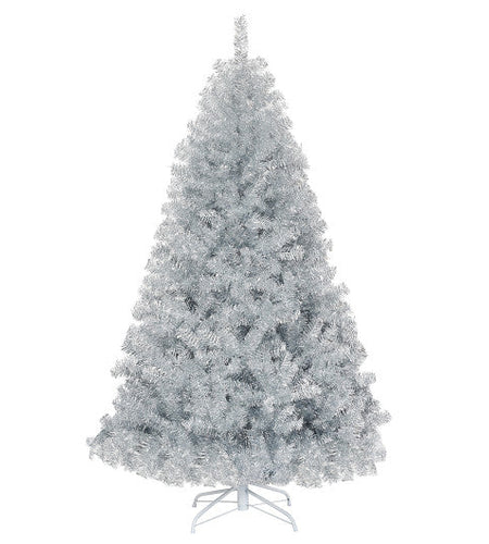 6 Feet Hinged Unlit Artificial Silver Tinsel Christmas Tree with Metal Stand