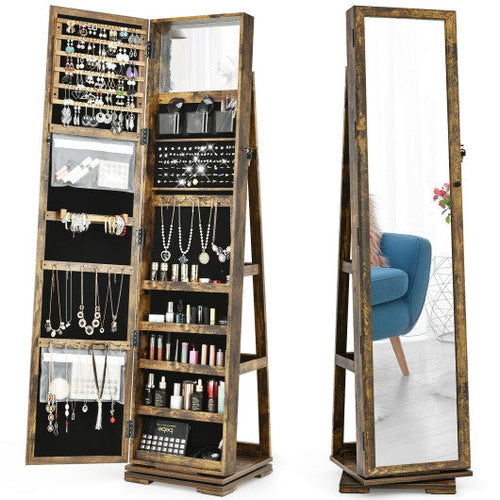 Load image into Gallery viewer, 360° Rotatable 2-in-1 Lockable Jewelry Cabinet with Full-Length Mirror-Rustic Brown

