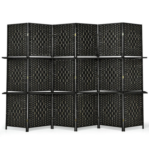 Load image into Gallery viewer, 6 Panel Folding Weave Fiber Room Divider with 2 Display Shelves -Black
