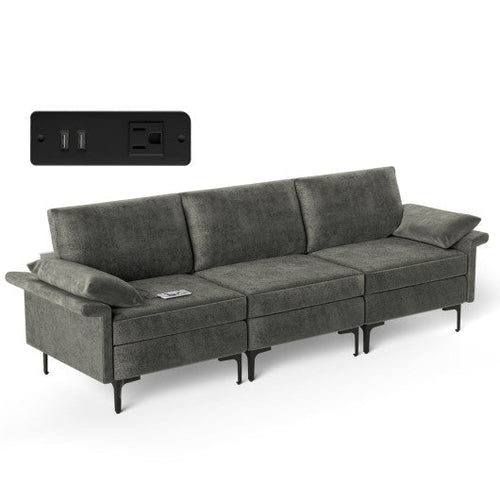 Load image into Gallery viewer, Large 3-Seat Sofa Sectional with Metal Legs and 2 USB Ports for 3-4 people-Silver

