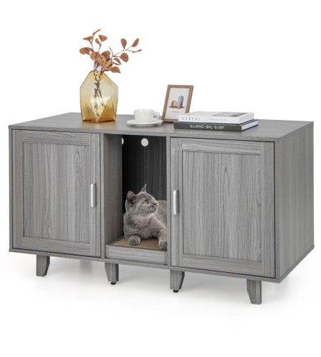 2-Door Cat Litter Box Enclosure with Winding Entry and Scratching Board-Oak