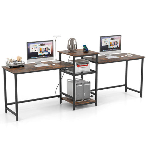 Load image into Gallery viewer, 2-Person Computer Desk with Power Outlet and Printer Stand-Rustic Brown
