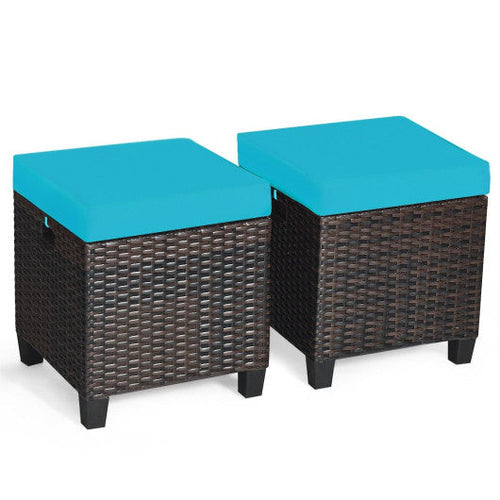 Load image into Gallery viewer, 2 Pieces Patio Rattan Ottoman Set with Removable Cushions-Turquoise
