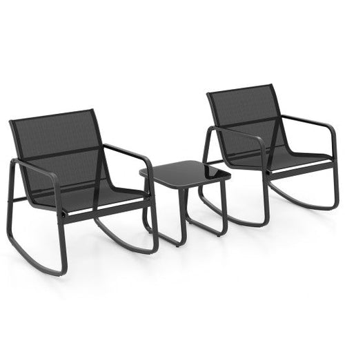 Load image into Gallery viewer, 2 Rocking Bistro Chairs and Glass-Top Table for Porch Yard Balcony-Black
