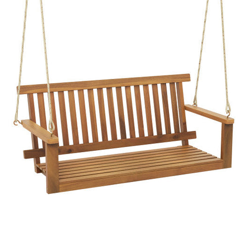 Load image into Gallery viewer, 2-Seat Acacia Wood Porch Swing Bench with 2 Hanging Hemp Ropes
