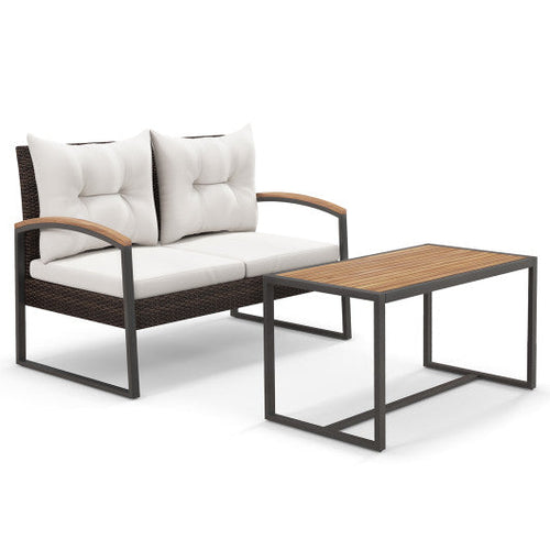 Load image into Gallery viewer, 2 Pieces Patio PE Wicker Furniture Set with Acacia Wood Coffee Table-White
