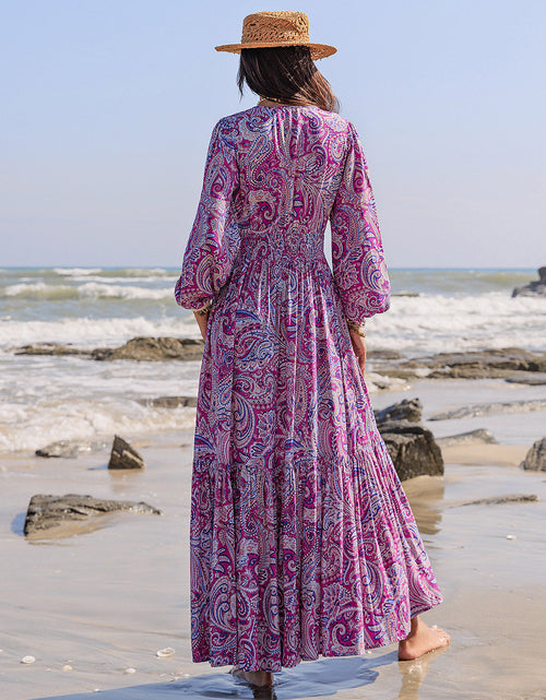 Load image into Gallery viewer, Printed Tie Neck Balloon Sleeve Maxi Dress
