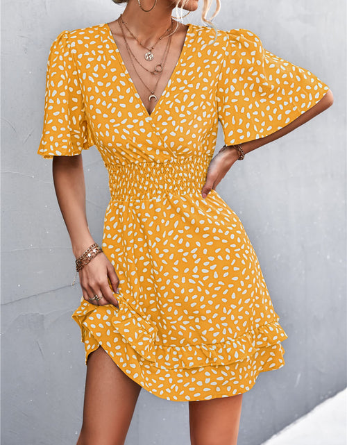 Load image into Gallery viewer, Printed Smocked Waist Layered Surplice Dress

