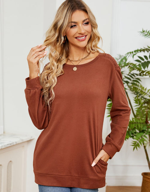 Load image into Gallery viewer, Ruched Shoulder Round Neck Long Sleeve Sweatshirt
