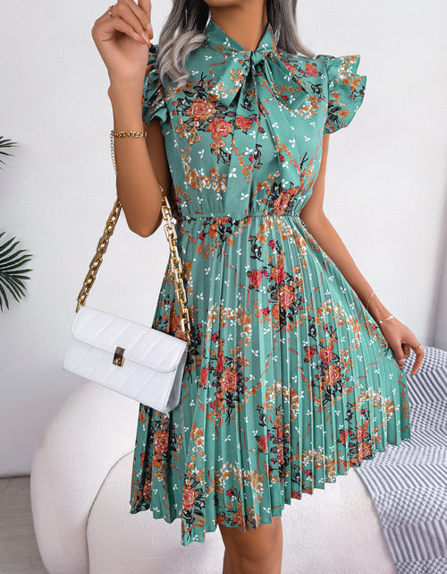 Load image into Gallery viewer, Pleated Floral Printed Tie Neck Knee Length Dress
