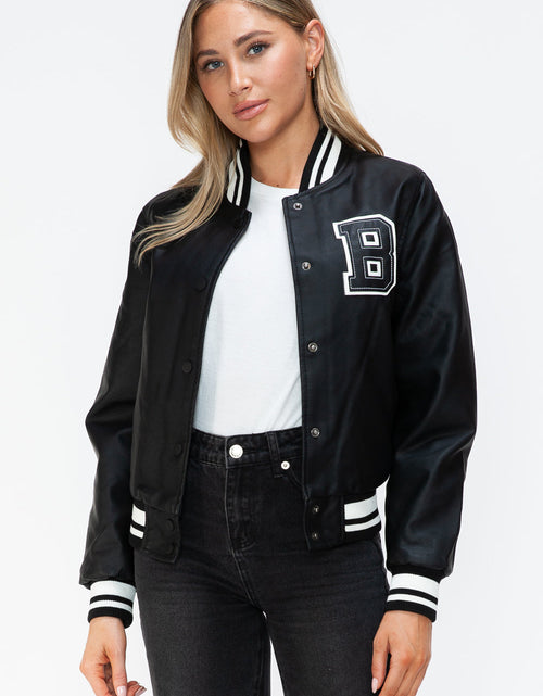 Load image into Gallery viewer, Love Me Now PU Leather Contrast Snap Down Bomber Jacket
