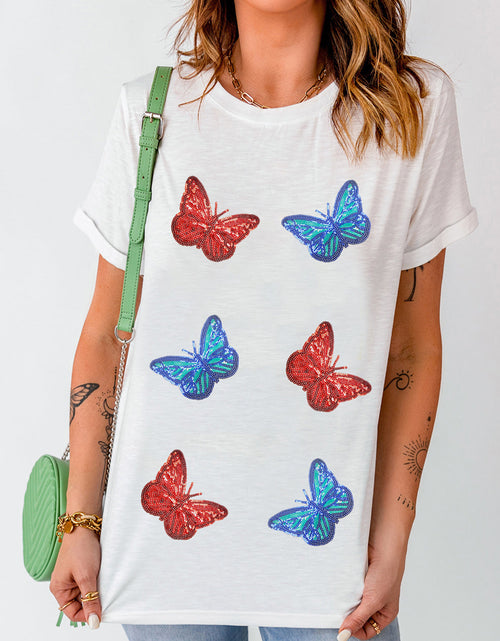 Load image into Gallery viewer, Sequin Butterfly Round Neck Short Sleeve T-Shirt
