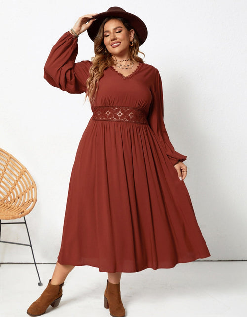 Load image into Gallery viewer, Plus Size Lace Detail V-Neck Balloon Sleeve Dress
