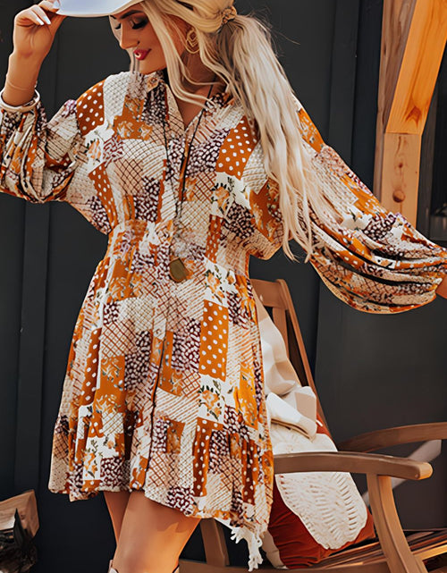 Load image into Gallery viewer, Printed Collared Neck Three-Quarter Sleeve Mini Shirt Dress
