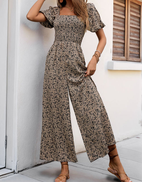 Load image into Gallery viewer, Perfee Smocked Printed Square Neck Puff Sleeve Jumpsuit
