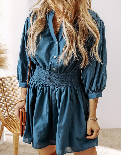 Load image into Gallery viewer, Smocked Half Button Three-Quarter Sleeve Mini Dress
