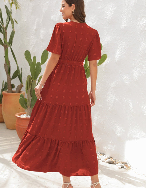 Load image into Gallery viewer, Swiss Dot Tied Surplice Short Sleeve Dress
