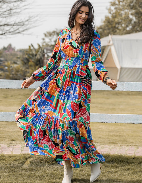 Load image into Gallery viewer, Printed Smocked Tie Neck Balloon Sleeve Maxi Dress
