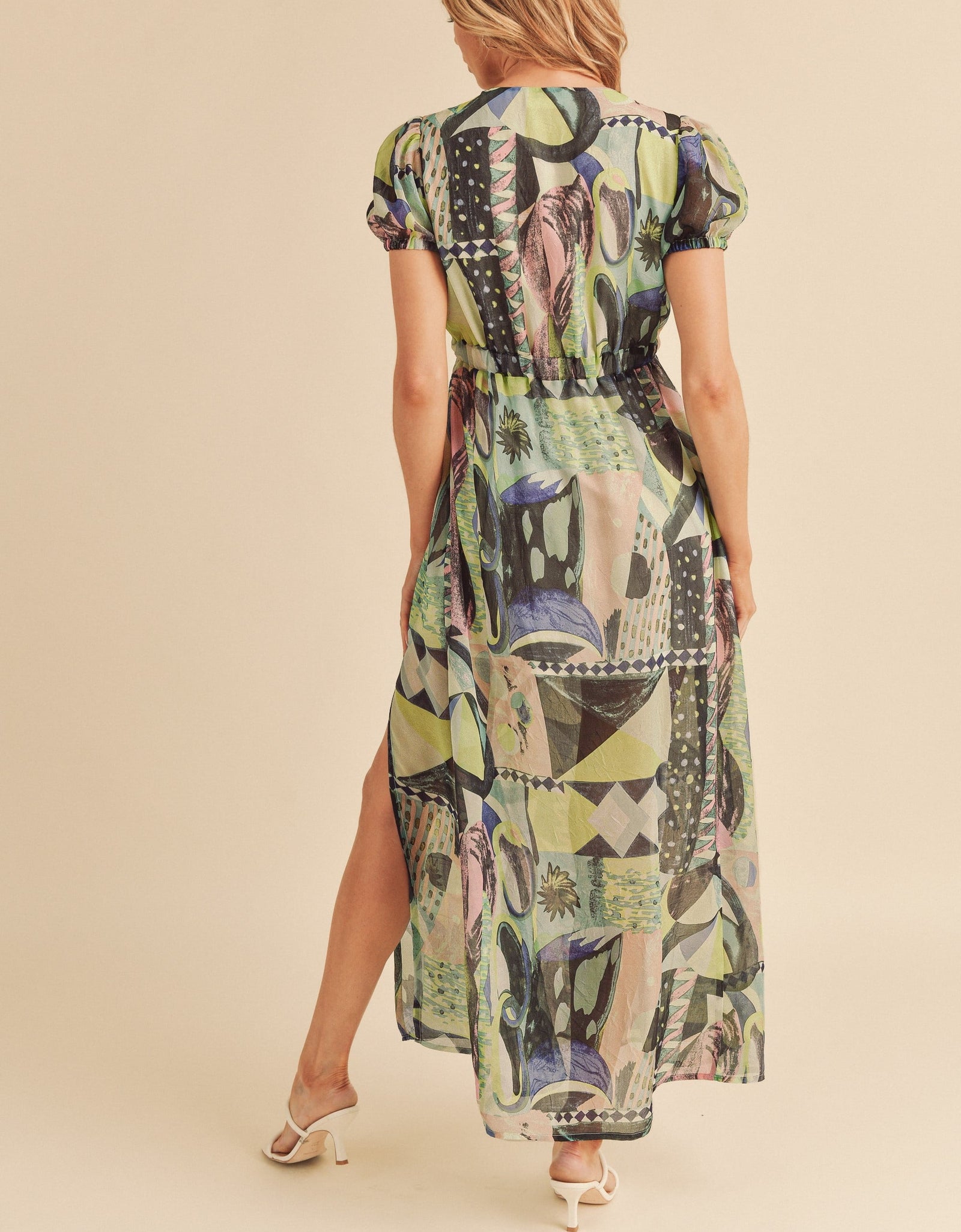 Aemi + Co Lace Detail Slit Geometric Print Short Sleeve Maxi Dress