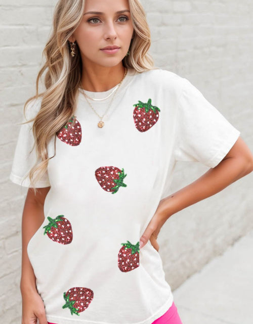 Load image into Gallery viewer, Sequin Strawberry Crew Neck Short Sleeve T Shirt
