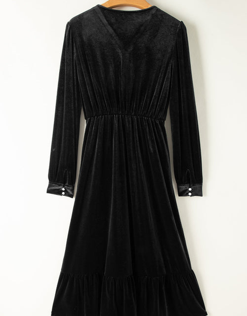 Load image into Gallery viewer, Olivia Velvet Buttoned Puff Sleeve V Neck Split Midi Dress by Poppy Lee Lane
