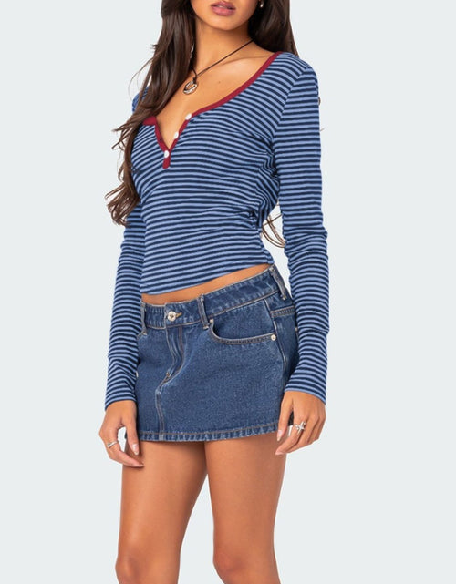 Load image into Gallery viewer, Buttoned Striped Long Sleeve T-Shirt
