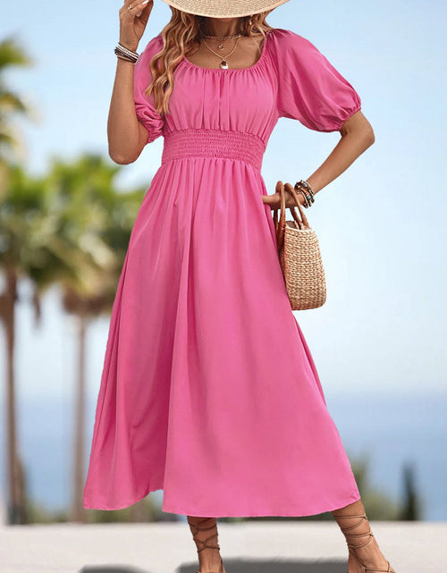 Load image into Gallery viewer, Square Neck Smocked Waist Puff Sleeve Midi Dress
