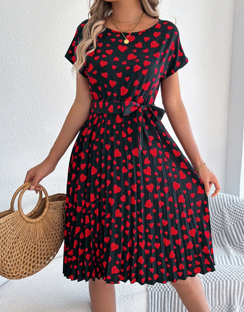 Load image into Gallery viewer, Heart Print Short Sleeve Tie Waist Dress
