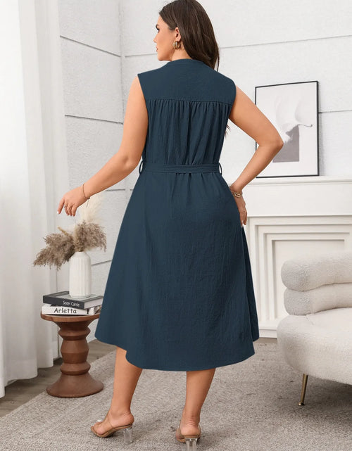 Load image into Gallery viewer, Plus Size Button Front Tie Waist Sleeveless Dress
