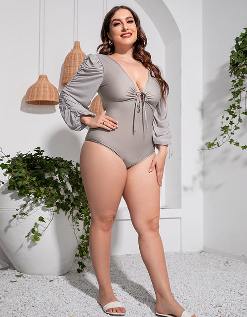 Load image into Gallery viewer, Plus Size Tied Deep V Balloon Sleeve One-Piece Swimsuit
