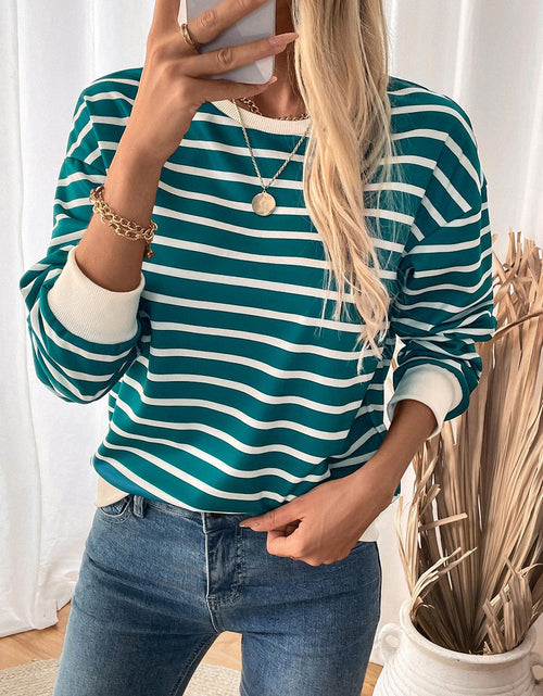 Load image into Gallery viewer, Perfee Striped Contrast Round Neck Long Sleeve Sweatshirt
