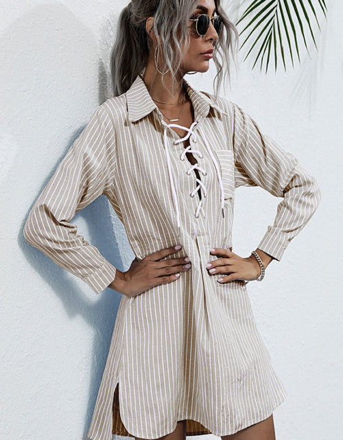 Load image into Gallery viewer, Perfee Lace Up Collar Shirt Dress

