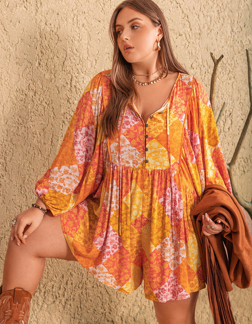 Load image into Gallery viewer, Plus Size Floral Tie Neck Balloon Sleeve Romper
