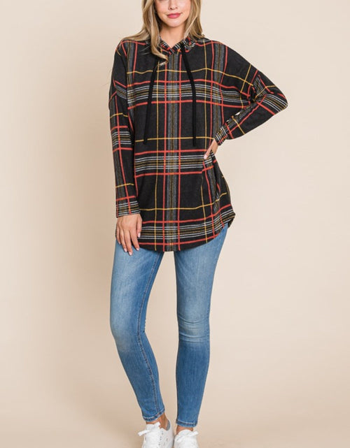 Load image into Gallery viewer, BOMBOM Drawstring Plaid Long Sleeve Hoodie
