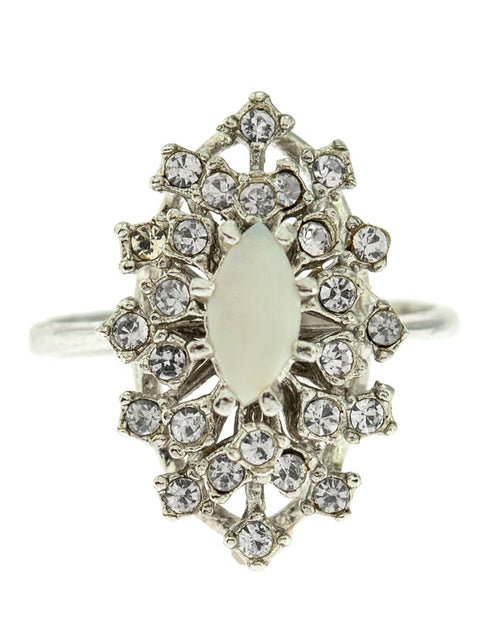 Load image into Gallery viewer, Vintage Ring Genuine Opal with Clear and Ruby Austrian Crystals 18kt Yellow Gold Electroplated by PVD Vintage Jewelry
