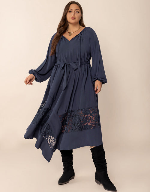 Load image into Gallery viewer, Plus Size Lace Detail Tie Neck Long Sleeve Midi Dress
