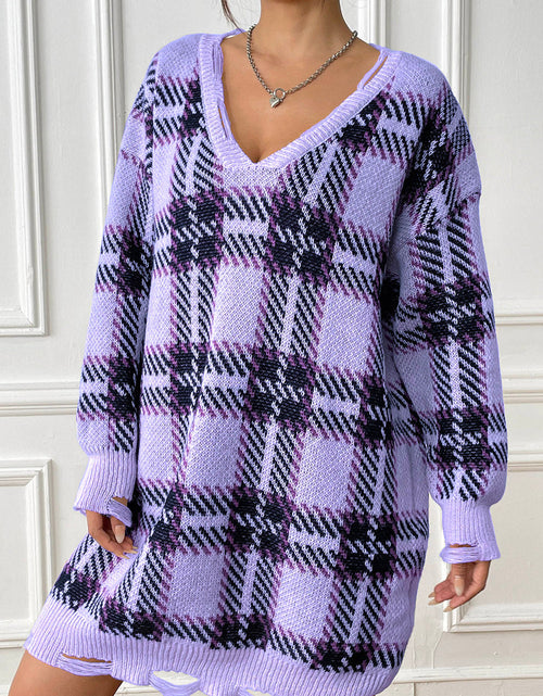 Load image into Gallery viewer, Plaid V-Neck Long Sleeve Sweater Dress
