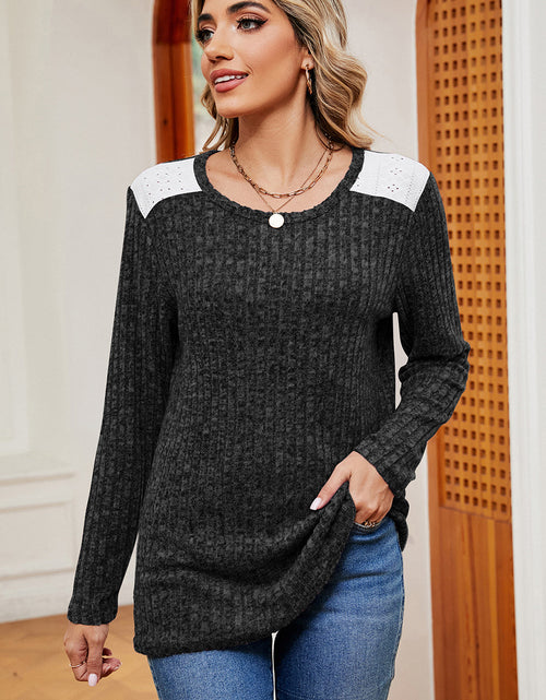 Load image into Gallery viewer, Eyelet Ribbed Round Neck Long Sleeve T-Shirt
