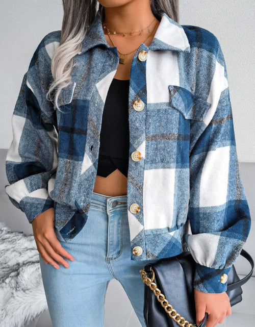 Load image into Gallery viewer, Plaid Collared Neck Long Sleeve Jacket
