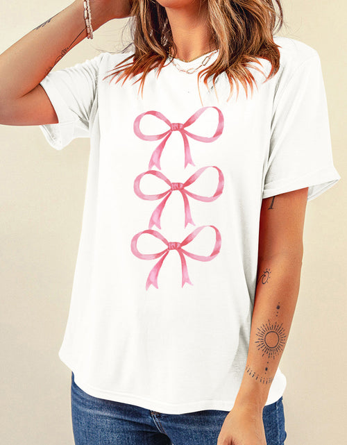 Load image into Gallery viewer, Bow Graphic Round Neck Short Sleeve T-Shirt
