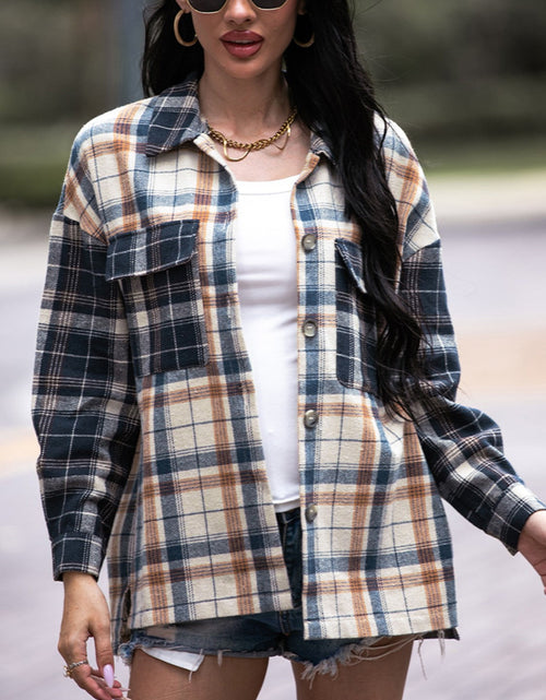Load image into Gallery viewer, Shiny Plaid Dropped Shoulder Shacket
