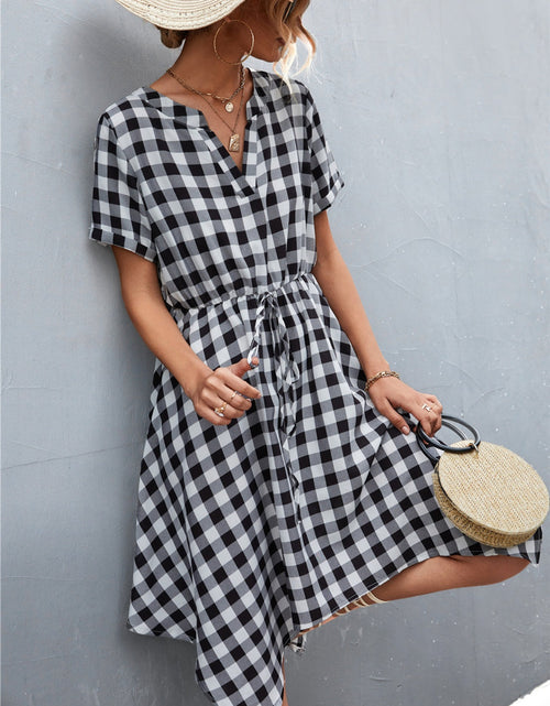 Load image into Gallery viewer, Plaid Notched Short Sleeve Dress
