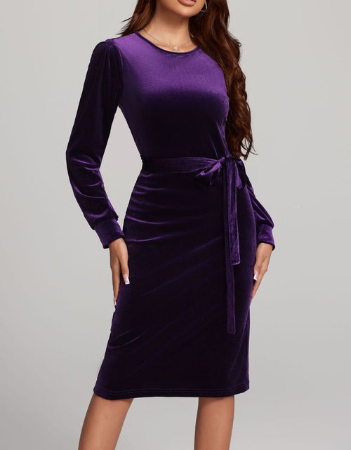 Load image into Gallery viewer, Round Neck Tie Waist Long Sleeve Velvet Dress
