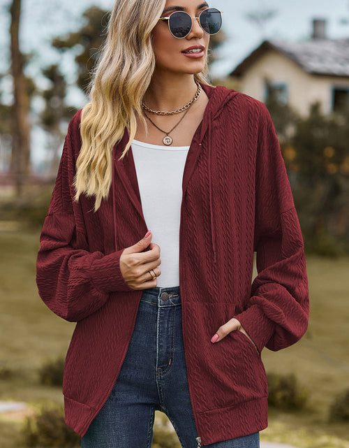 Load image into Gallery viewer, Drawstring Zip Up Dropped Shoulder Hoodie
