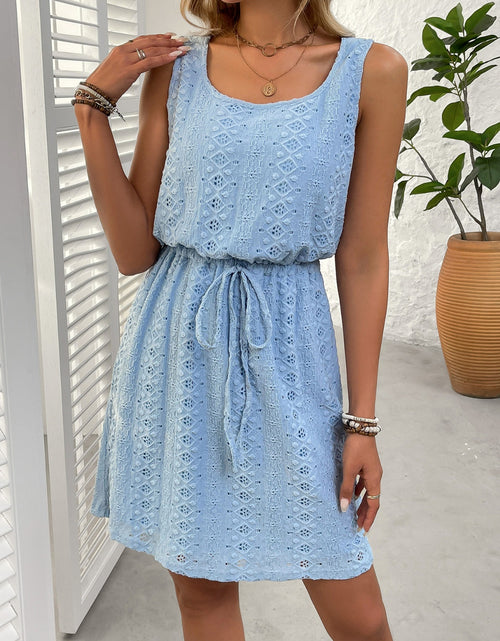 Load image into Gallery viewer, Eyelet Drawstring Round Neck Sleeveless Dress
