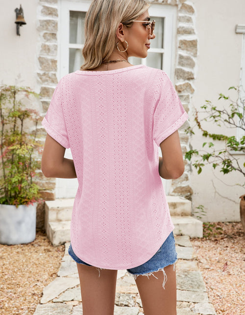Load image into Gallery viewer, Full Size Round Neck Eyelet Short Sleeve Top
