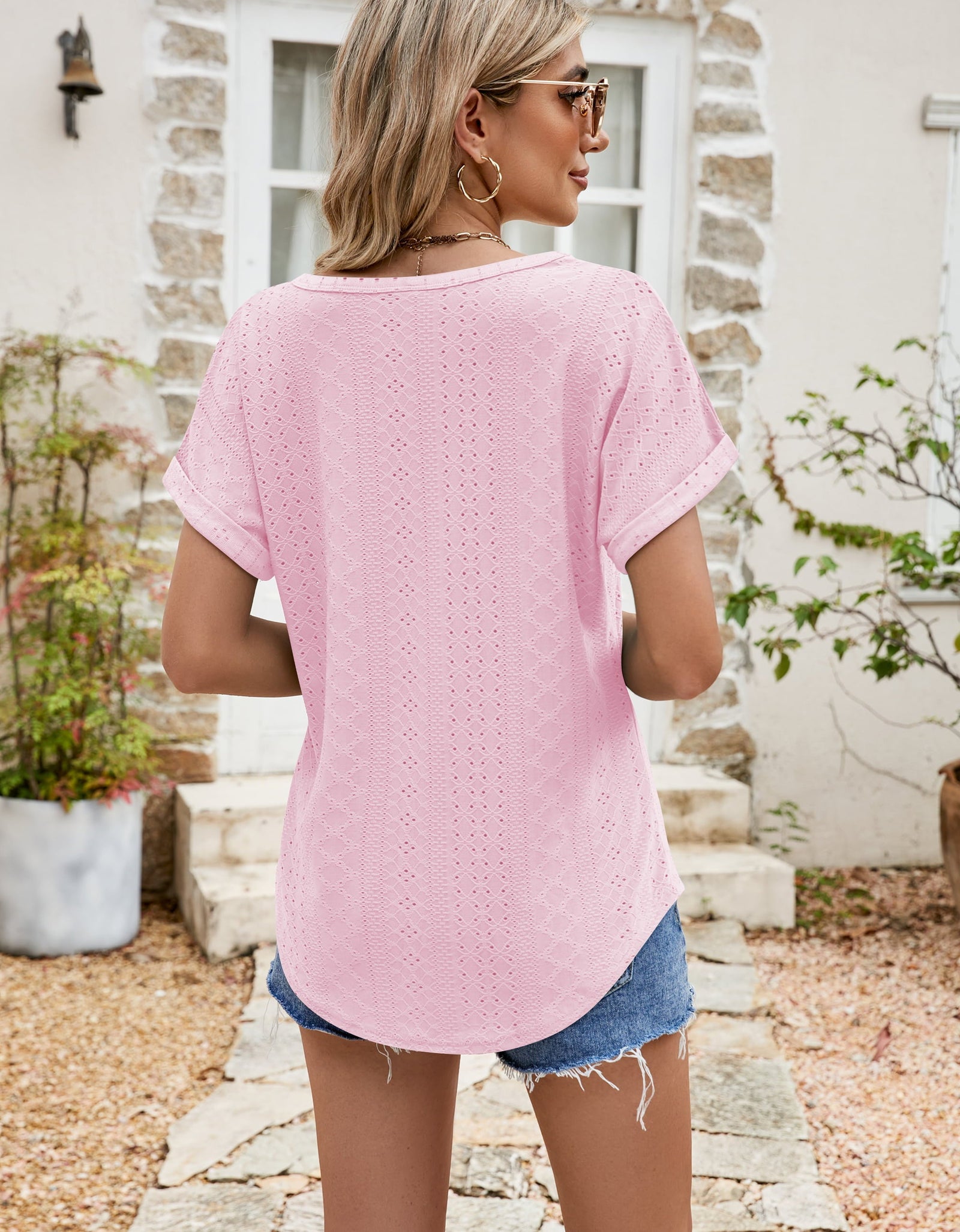 Full Size Round Neck Eyelet Short Sleeve Top